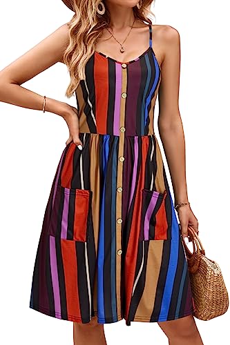 OUGES Sommerkleid Damen Knielang Spaghetti-Träge Sommer Keider V-Ausschnitt Strandkleid mit Taschen (Floral14,XL) von OUGES