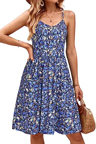 OUGES Sommerkleid Damen V-Ausschnitt Ärmellos Kleider Spaghettiträger Knielang Blumenmuster Freizeitkleid Knopfleiste Kleid mit Taschen(Floral15,XL) von OUGES