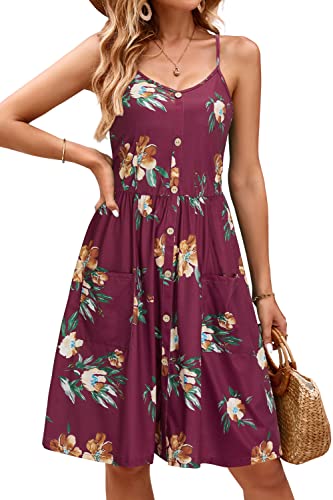 OUGES Sommerkleid Damen V-Ausschnitt Ärmellos Kleider Spaghettiträger Knielang Blumenmuster Freizeitkleid Knopfleiste Kleid mit Taschen(Floral07,M) von OUGES