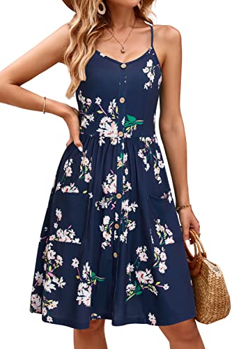OUGES Sommerkleid Damen Knielang Spaghetti-Träge Sommer Keider V-Ausschnitt Strandkleid mit Taschen (Floral08,L) von OUGES