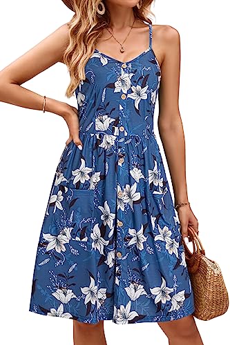 OUGES Sommerkleid Damen Knielang Spaghetti-Träge Sommer Keider V-Ausschnitt Strandkleid mit Taschen (Floral10,S) von OUGES