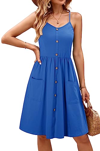 OUGES Sommerkleid Damen V-Ausschnitt Ärmellos Kleider Spaghettiträger Knielang Freizeitkleid Knopfleiste Kleid mit Taschen(Blau327,M) von OUGES