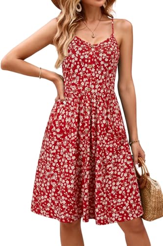 OUGES Sommerkleid Damen V-Ausschnitt Ärmellos Kleider Spaghettiträger Knielang Freizeitkleid Knopfleiste Kleid mit Taschen(Floral17,L) von OUGES