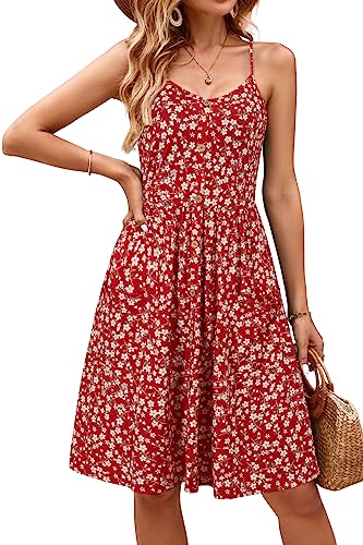 OUGES Sommerkleid Damen V-Ausschnitt Ärmellos Kleider Spaghettiträger Knielang Freizeitkleid Knopfleiste Kleid mit Taschen(Floral17,S) von OUGES