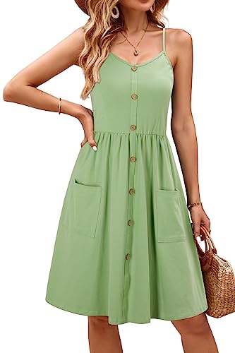 OUGES Sommerkleid Damen V-Ausschnitt Ärmellos Kleider Spaghettiträger Knielang Freizeitkleid Knopfleiste Kleid mit Taschen(Hellgrün327,M) von OUGES