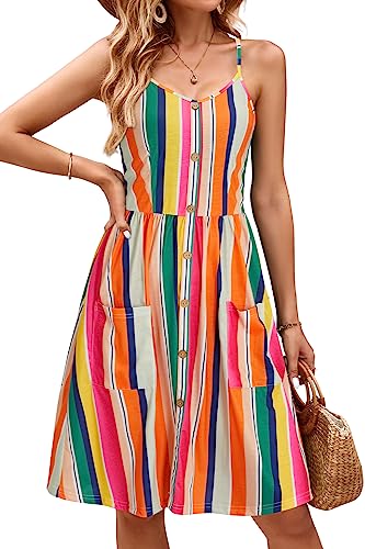OUGES Sommerkleid Damen Knielang Spaghetti-Träge Sommer Keider V-Ausschnitt Strandkleid mit Taschen (Floral09,XL) von OUGES