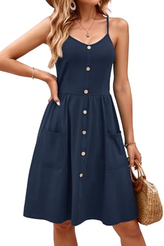 OUGES Sommerkleid Damen Knielang Spaghetti-Träge Sommer Keider V-Ausschnitt Strandkleid mit Taschen Marine Blau von OUGES