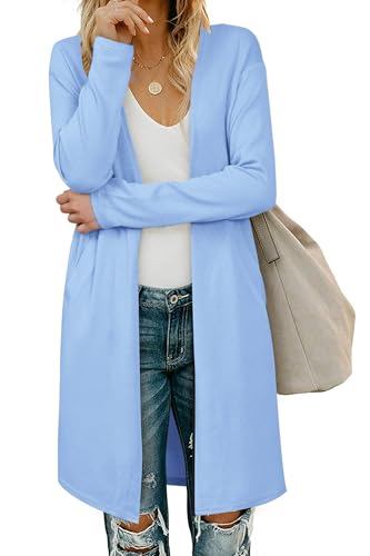 OUGES Strickjacken füR Damen Lang Cardigan Elegante Leicht Strickjacke Herbst Strickjackenpullover mit Taschen Blau L von OUGES