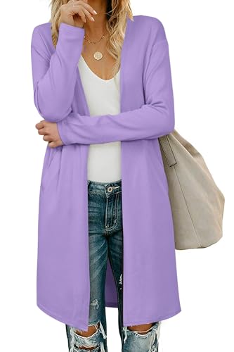 OUGES Strickjacken füR Damen Lang Cardigan Elegante Leicht Strickjacke Herbst Strickjackenpullover mit Taschen Lila M von OUGES
