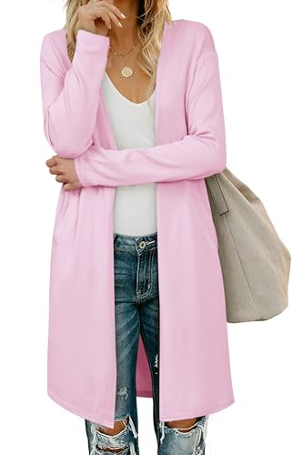 OUGES Strickjacken füR Damen Lang Cardigan Elegante Leicht Strickjacke Herbst Strickjackenpullover mit Taschen Rosa XL von OUGES