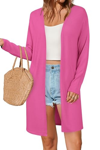 OUGES Strickjacken füR Damen Lang Cardigan Elegante Leicht Strickjacke Herbst Strickjackenpullover mit Taschen Rosenrot XL von OUGES