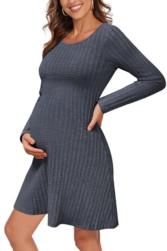 OUGES Damen Umstandskleid Festlich Winter Rundhals Stillkleid Langarm Leichtes Schwangerschaft Kleid Kurz-XL von OUGES