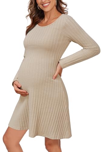 OUGES Damen Umstandskleid Festlich Winter Rundhals Stillkleid Langarm Leichtes Schwangerschaft Kleid Kurz-M von OUGES