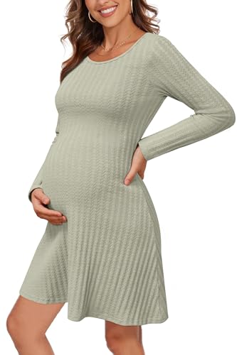 OUGES Damen Umstandskleid Festlich Winter Rundhals Stillkleid Langarm Leichtes Schwangerschaft Kleid Kurz-XXL von OUGES