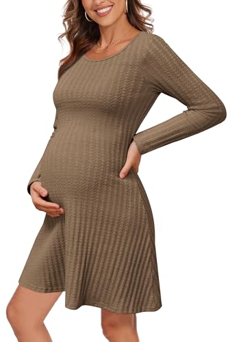 OUGES Damen Umstandskleid Festlich Winter Rundhals Stillkleid Langarm Leichtes Schwangerschaft Kleid Kurz-XXL von OUGES