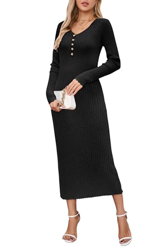 OUGES Damen Umstandskleid Midi Umstandsmode Schwarz Winter V-Ausschnitt Lange Ärmel Schwangerschaft Strickkleid-XL von OUGES