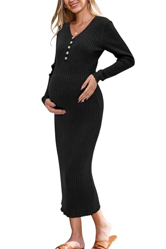 OUGES Damen Umstandskleid Midi Umstandsmode Schwarz Winter V-Ausschnitt Lange Ärmel Schwangerschaft Strickkleid-XXL von OUGES