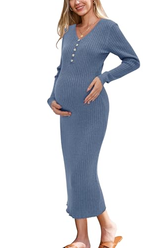 OUGES Damen Umstandskleid Midi Umstandsmode Winter Herbst V-Ausschnitt Lange Ärmel Schwangerschaft Strickkleid-L von OUGES