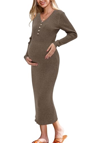 OUGES Umstandskleider Damen Herbst Kleid Lang Elegant Strickkleid V-Ausschnitt Winterkleid Langarm Pulloverkleid für Frühling von OUGES