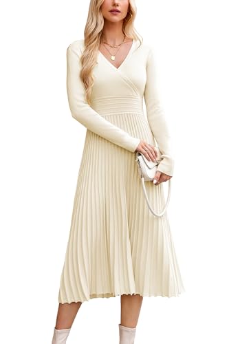 OUGES Strickkleid Damen Winter Kleid Lang Winterkleid Elegant Herbstkleid Langarm V-Ausschnitt Pulloverkleid für Herbst von OUGES