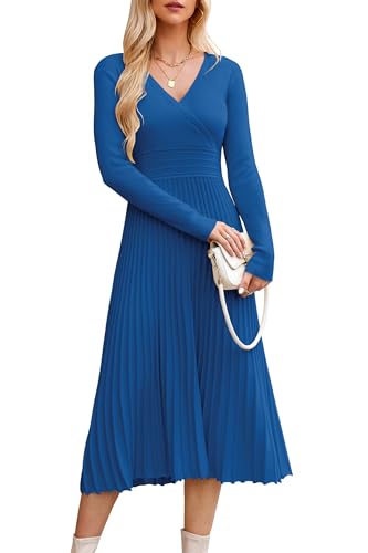 OUGES Strickkleid Damen Winter Kleid Lang Winterkleid Elegant Herbstkleid Langarm V-Ausschnitt Pulloverkleid für Herbst von OUGES