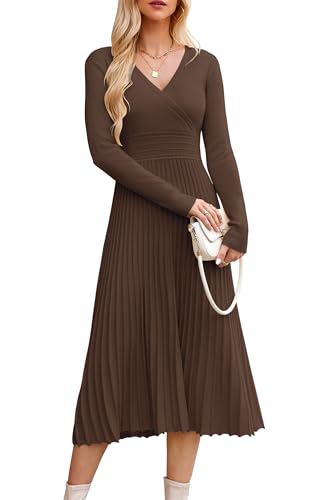 OUGES Strickkleid Damen Winter Kleid Lang Winterkleid Elegant Herbstkleid Langarm V-Ausschnitt Pulloverkleid für Herbst von OUGES