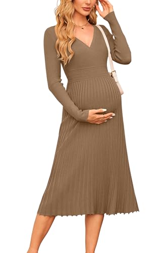 OUGES Strickkleid Damen Winter Kleid Lang Winterkleid Elegant Herbstkleid Langarm V-Ausschnitt Pulloverkleid für Herbst von OUGES