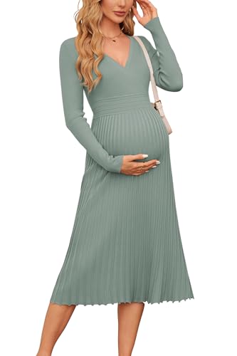 OUGES Strickkleid Damen Winter Kleid Lang Winterkleid Elegant Herbstkleid Langarm V-Ausschnitt Pulloverkleid für Herbst von OUGES