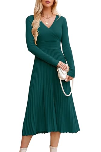 OUGES Strickkleid Damen Winter Kleid Lang Winterkleid Elegant Herbstkleid Langarm V-Ausschnitt Pulloverkleid für Herbst von OUGES