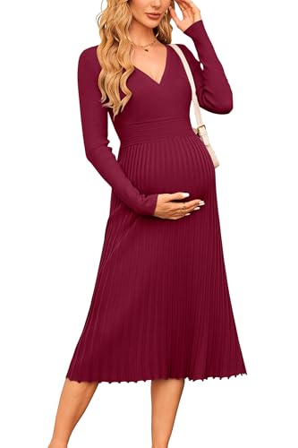 OUGES Strickkleid Damen Winter Kleid Lang Winterkleid Elegant Herbstkleid Langarm V-Ausschnitt Pulloverkleid für Herbst von OUGES