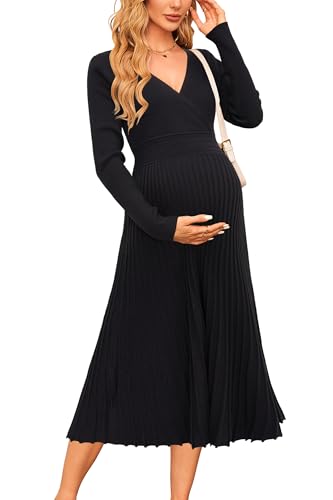 OUGES Strickkleid Damen Winter Kleid Schwarz Lang Winterkleid Elegant Herbstkleid Langarm Pulloverkleid für Herbst von OUGES