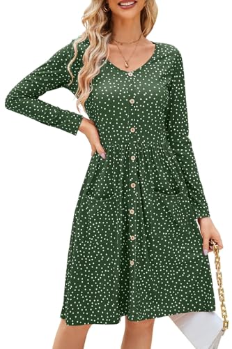 OUGES Winterkleid Damen Langarm Kleid V-Ausschnitt Polka Dot Kleid Herbstkleid Knielang Freizeitkleid mit Taschen(Grün Gepunktet, XL) von OUGES