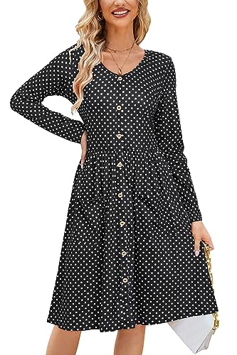 OUGES Winterkleid Damen Langarm Kleid V-Ausschnitt Polka Dot Kleid Herbstkleid Knielang Freizeitkleid mit Taschen(Schwarz mit Punkten,XL) von OUGES