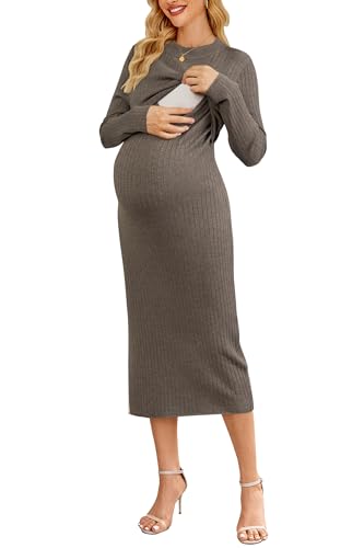 OUGES Wollmischung Damen Stillkleid Langarm Umstandskleid Herbst Schmal Schwangerschafts Strick Midi-Winterstkleid-S von OUGES