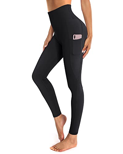 OUGES Damen Sport Leggings High Waist Leggins Yogahose Blickdichte Sporthose mit Taschen (Schwarz,L) von OUGES