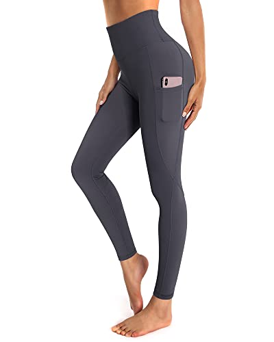 OUGES Damen Sport Leggings High Waist Leggins Yogahose Blickdichte Sporthose mit Taschen (Grau,L) von OUGES