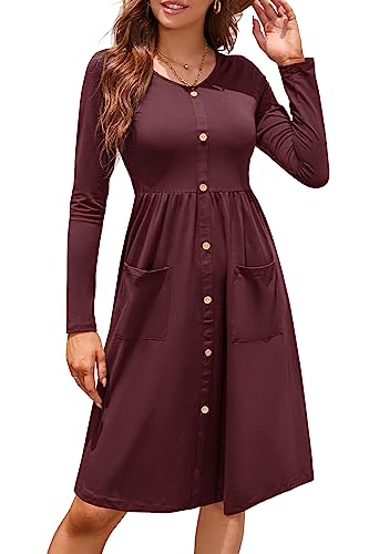 OUGES Winterkleid Damen Langarm Kleid V-Ausschnitt Midi Kleider Herbstkleid Knielang Freizeitkleid mit Taschen(rot, M) von OUGES