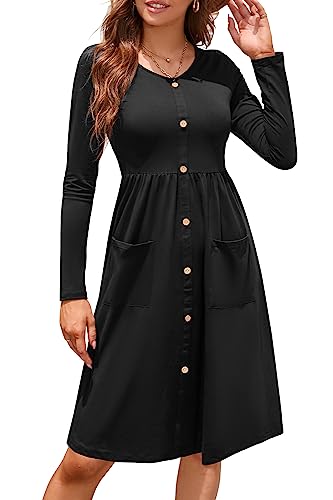 OUGES Damen Kleider Langarm V-Ausschnitt Midi Kleid Knopfleiste Knielang Freizeitkleid mit Taschen Winter Herbst(Schwarz, XL) von OUGES