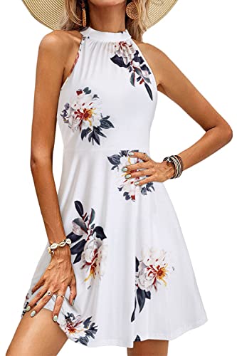 OUGES Sommerkleid Damen Knielang Neckholder Kleid Sommer Blumenmuster Elegant Cocktailkleid von OUGES
