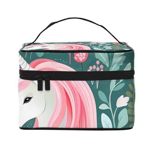 OUInbvv Reise-Kosmetiktasche mit Einhorn mit rosa Haaren, Organizer mit mehreren Fächern, großes Fassungsvermögen, Polyester-Twill-Tasche für Fitnessstudio, Camping und Geschäftsreisen von OUInbvv