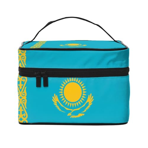 OUInbvv Reise-Kosmetiktasche mit Motiv Flagge von Kasachstan, Organizer mit mehreren Fächern, großes Fassungsvermögen, Polyester-Twill-Tasche für Fitnessstudio, Camping und Geschäftsreisen von OUInbvv