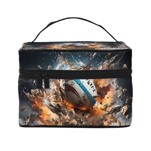 OUInbvv Reise-Kosmetiktasche mit Rugby on Fire und Organizer mit mehreren Fächern, großes Fassungsvermögen, Polyester-Twill-Tasche für Fitnessstudio, Camping und Geschäftsreisen von OUInbvv