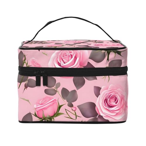 OUInbvv Reise-Kosmetiktasche mit hübschem rosa Rosen und Organizer mit mehreren Fächern, großes Fassungsvermögen, Polyester-Twill-Tasche für Fitnessstudio, Camping und Geschäftsreisen von OUInbvv