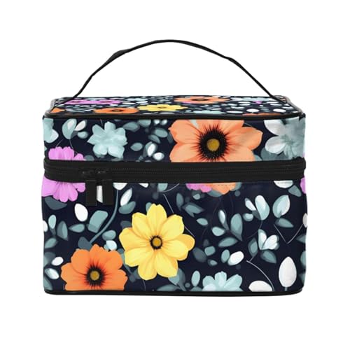 OUInbvv Schöne Reise-Kosmetiktasche mit bunten Blumen und Organizer mit mehreren Fächern, großes Fassungsvermögen, Polyester-Twill-Tasche für Fitnessstudio, Camping und Geschäftsreisen von OUInbvv
