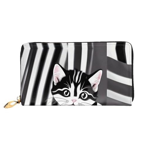 OUInbvv Schwarz-weiß gestreifte Kätzchen-Geldbörse mit Metall-Reißverschluss, Passbuch und Scheckhalter, weiches, leichtes Design, Fächer von OUInbvv