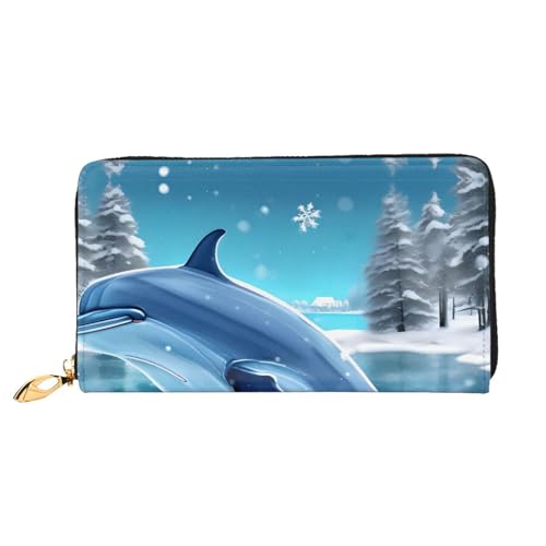 OUInbvv Winter The Dolphin Handgeldbörse mit Metall-Reißverschluss, Passbuch und Scheckhalter, weiches, leichtes Design von OUInbvv