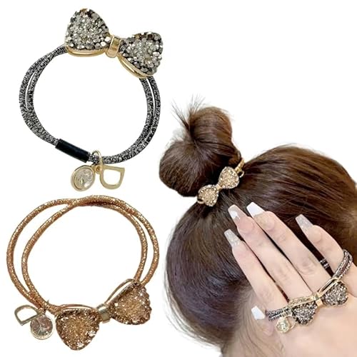 OULIGET Haargummis mit glitzernden Goldschleifen, Schmetterling, voller Kristall, Strass, hochelastisch, Haargummis, elegante Haargummis für Damen und Mädchen, 2 Stück von OULIGET