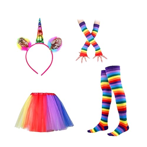 OULII Einhorn Horn Stirnband Einhorn Haarreif mit Ohren Tutu Rock Kniestrümpfe Streifen und Lange Handschuhe Einhorn Kostüm Damen Erwachsenen von OULII