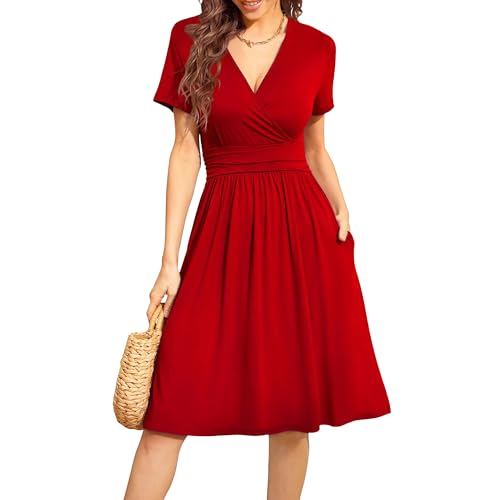 Damen Elegant V-Ausschnitt Freizeitkleid Kurzarm Sommerkleid Mittellanges A-Linienkleid Mit Taschen Strandtaugliches Design (Rot,M) von OULIWANGLUO