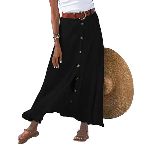 Damen Knöpfen Einfarbige Lange Röcke mit Taschen Slim Sexy Elegant Lockere Maxirock Sommer Casual Bequeme Wrapped Halb Rock (Schwarz2,M) von OULIWANGLUO